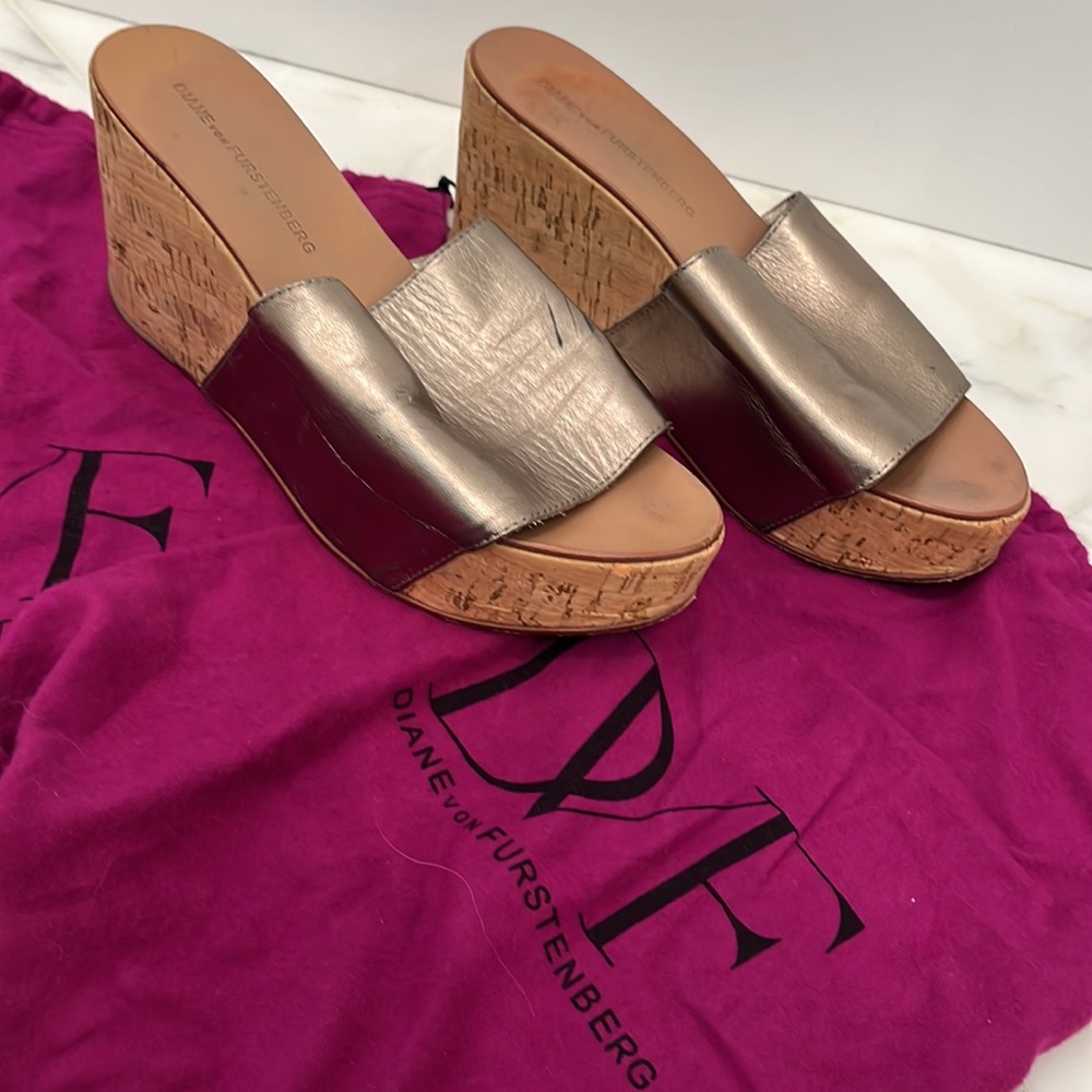 Diane Von Furstenberg Metallic Cork Wedge Slides